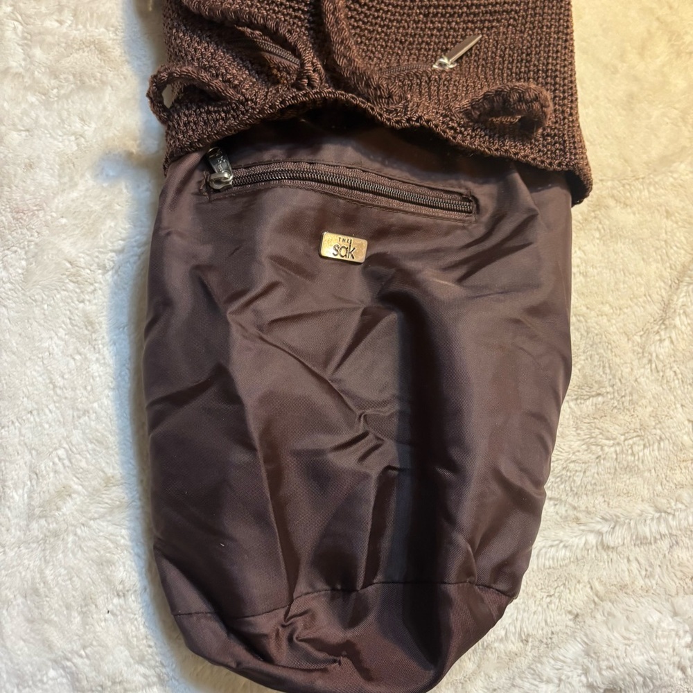 The Sak OMG Mini Backpack Chocolate Brown Crochet Knit Drawstring Pockets Boho - Picture 11 of 16